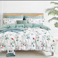 LEMIROE Floral Cotton Comforter Queen Size - Aqua Comforter Printed With Colorful Flowers & Butterflies On White,Reversible Lightweight Bedding Sets 3