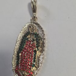 Our Lady Of Guadalupe 14k Gold Plated Pendant W/ Red & Green AAA CZ Stones