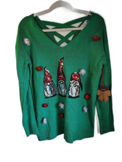 Women size M Green Santa Sweater with Pom Poms NWT