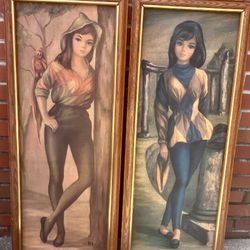 Set of Vintage “Big Eyed Girl” Framed Paintings by MAIO 