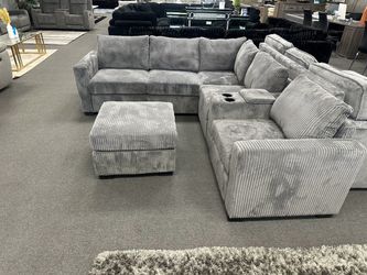 Gray Corduroy Sectional Sofa with Ottoman