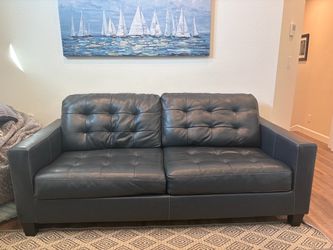 Navy Blue Leather Tufted Sofa with Queen sleeper