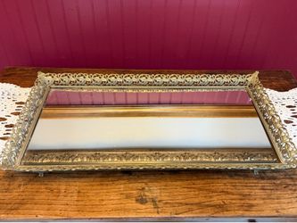 Large Vintage Gold Filigree Mirrored Vanity Tray