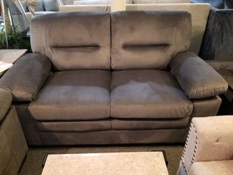 Brand new dark gray plush linen loveseat ($399), sofa ($449)