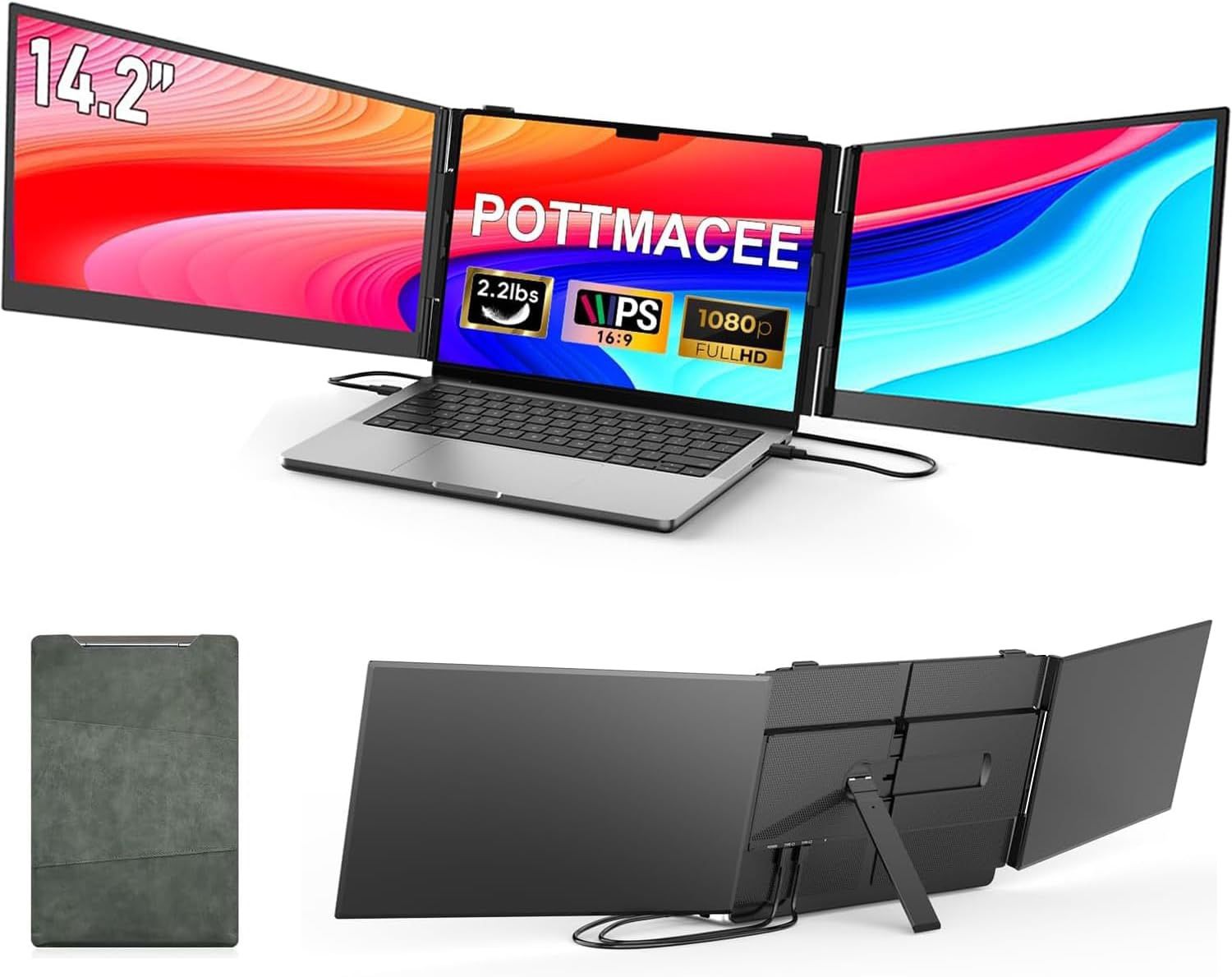 14.2’’ Triple Laptop Screen Extender, 0.17" Ultra-Slim FHD 1080P Portable Monitor for Laptop, Tri-Screen Travel Monitor Extender, Plug-Play for Window