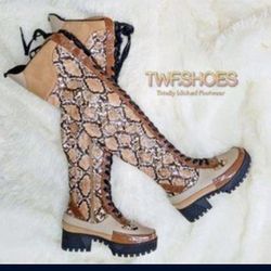 *BRAND NEW*  Thigh High Snake Skin Combat Boots Size 8W