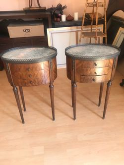 Pair of Vintage Luise XVI style Wood and Multicolored Marble Top Oval Nightstands