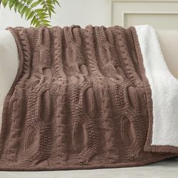 Amlie Home Cable Knit Throw Blanket for Couch, Chenille Sherpa Soft Cozy Throw Blankets for Sofa Chair Comfortable Home, 50"x60", Brown
