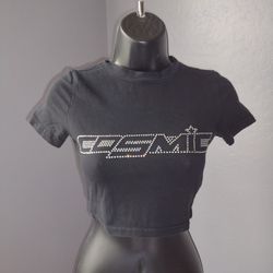 Black cropped tee sparkly "cosmic' size small
95% cotton & 5% spandex

