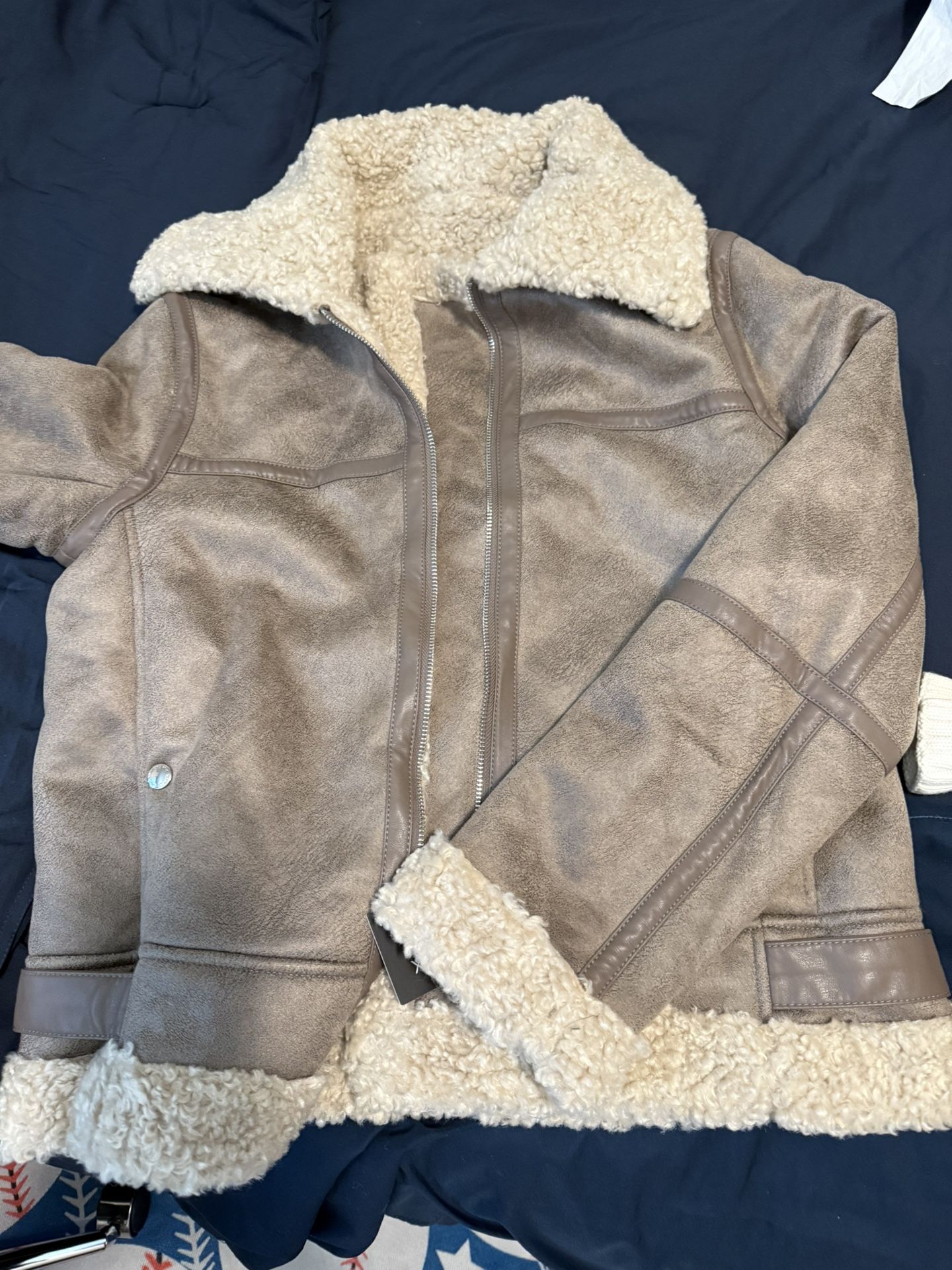 Faux Shearling Taupe Brown Leather Jacket