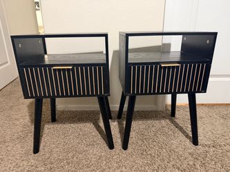 Pair of Black Mid-Century Modern Nightstands with Gold Hardware