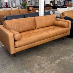 Sofa Brown Leather Deep Tufted NEW- Dimensions: 88.5"W x 38"D x 34"H- Home / Office - Delivery 🚚