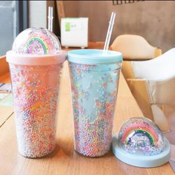 550ml Drinking Water Bottle Cartoon Cute Rainbow Cup with Straw Double Plastic BPA Free Woman Girl Water Bottle Korean Style Creative Sweet Mug For Mi