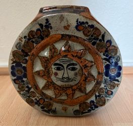 Vintage Hand-Painted Sun & Moon Studio Pottery Vase – 8” Folk Art Ceramic