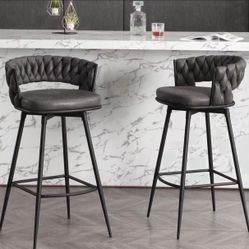 Modern Bar Stools Set of 2, 30" Bar Height Barstools, 180° Swivel Suede Fabric Stool Chairs with Woven Back and Footrest for Kitchen Island, Cafe, Pub