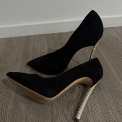 Casadei Black Suede Pearl Embellished Heel Pointed Toe Pumps Size 38