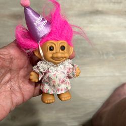 Vintage Russ Bertie 3” Happy Birthday Troll Doll Pink Hair Brown Eyes 