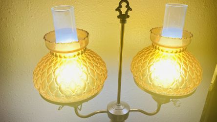 Vintage Brass Double Hurricane Lamp Amber Hobnail Shades