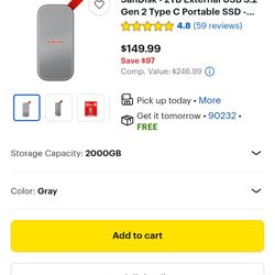 JSanDisk - 2TB External USB 3.2 Gen 2 Type C Portable SSD - Gray