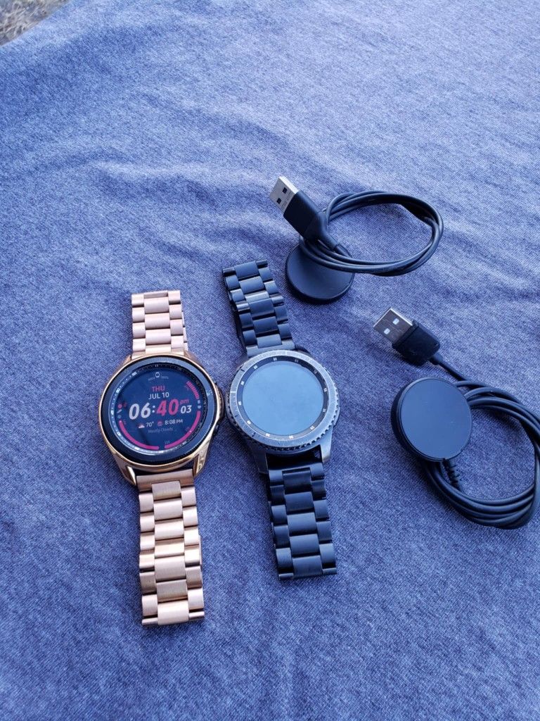 Great for Gift Present. Galaxy Watch $160! Each only 1 Come with Box. All silver 44mm. Rose gold is 45mm. & all black is 46mm. With charger each. Free