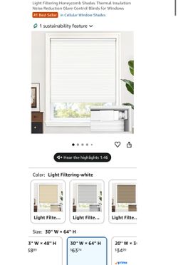 30" W × 64" H, White, No Drill Cordless Cellular Shades (wb16)