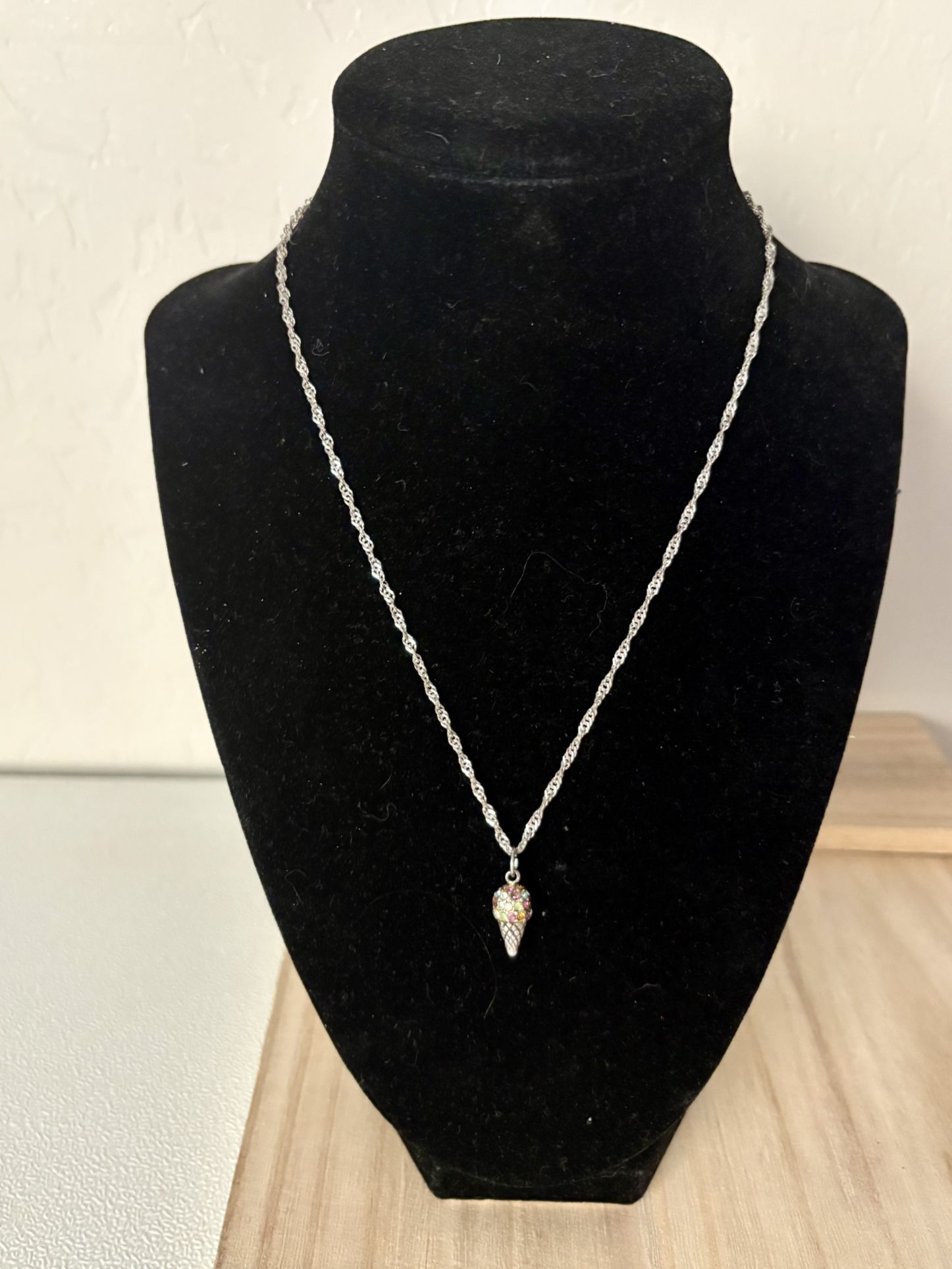 Sterling Silver Ice Cream Cone Charm Pendant and Chain