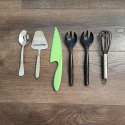 6 various kitchen utensils- stainless steel spoons and a whisk, nylon black forks, a green plastic knife, good condition
