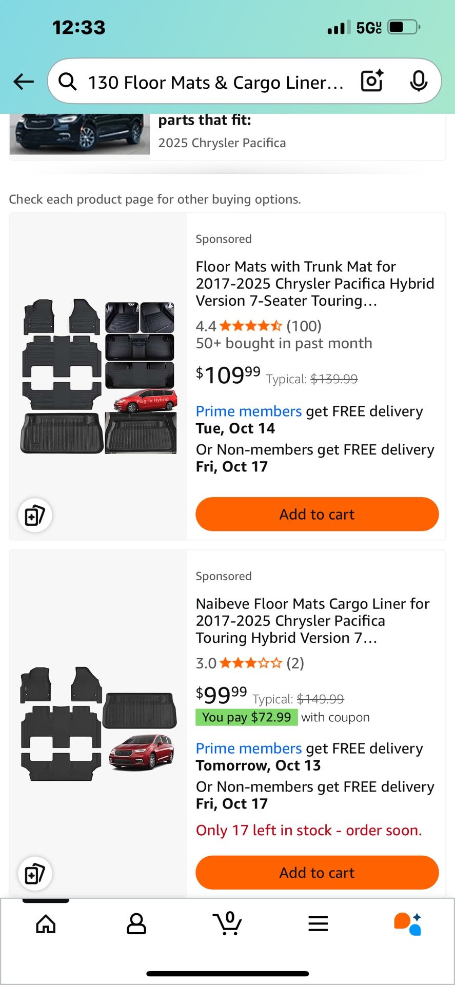 LEDKINGDOMUS All-Weather Floor Mat + Trunk Cargo Liner Set For 2017-2025 Chrysler Pacifica – 5pc Rubber
