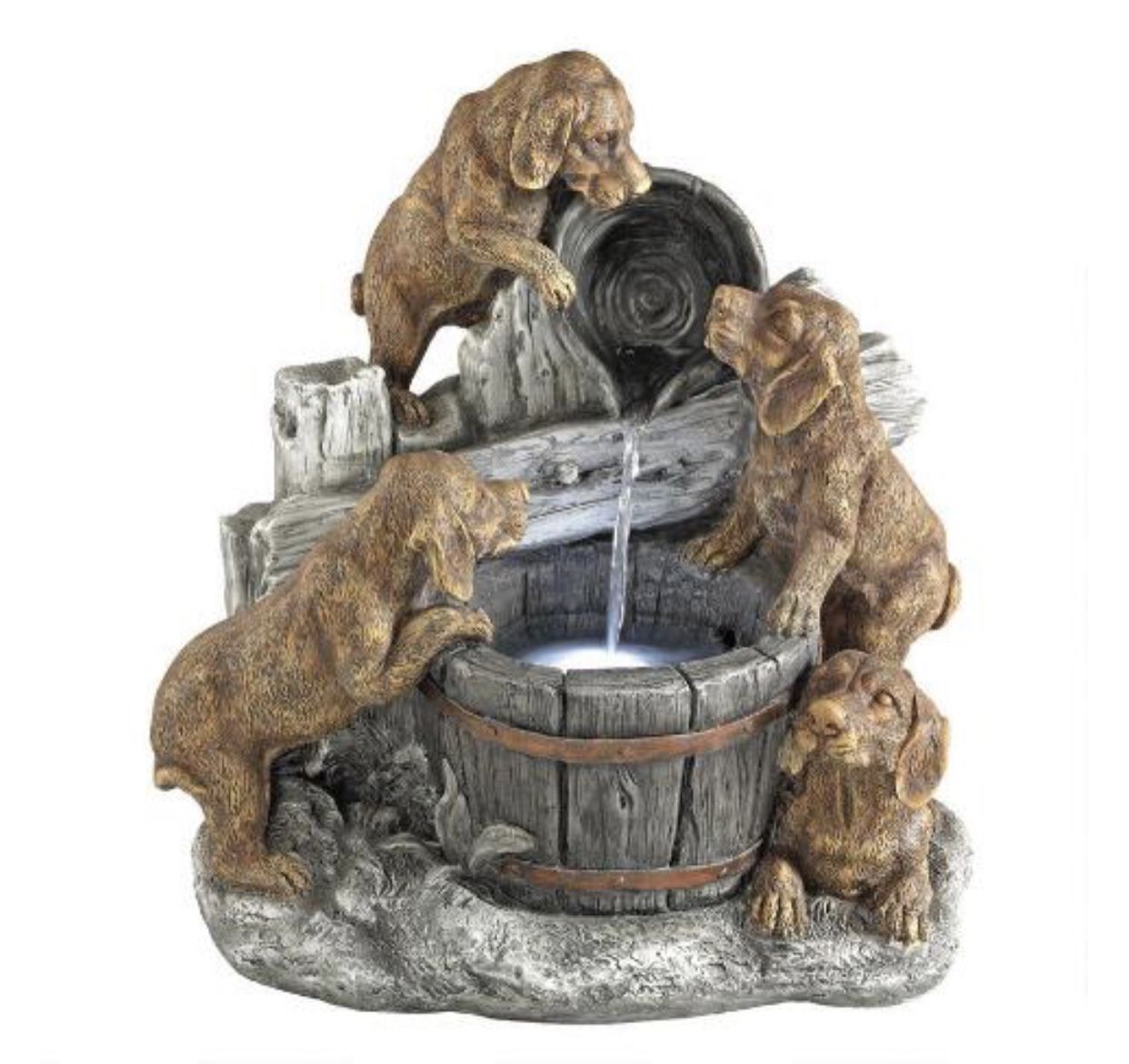 Four Labrador Puppies Playing With Water Pail Water Fountain (dt) M27