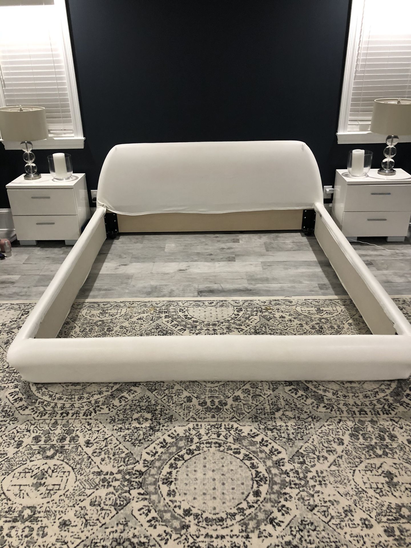 King size bed frame. White leather.