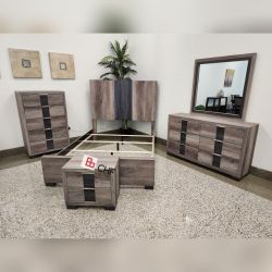 4pc queen bedroom set includes queen bed frame, dresser , mirror and one nightstand ( mattress sold extra / chest not included )