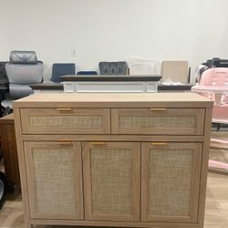 Rattan Sideboard Buffet Cabinet with Storage, Boho Credenza Accent Cabinet with 3 Doors and 2 Drawers, Farmhouse Console Coffee Bar for Kitchen, Livin