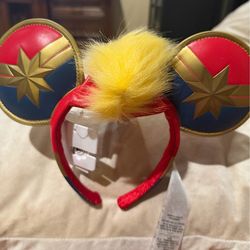 Disney Parks CAPTAIN MARVEL Ear Headband with Crest Faux Leather Ears Mickey New