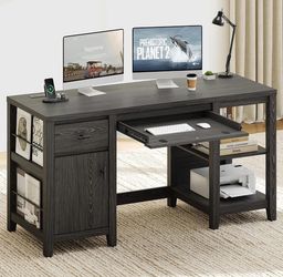58" Executive Desk with Foldable Keyboard Tray and Charging Station, Farmhouse Wood Home Office Desk with Drawers and Magazine Rack, Large Writing Com