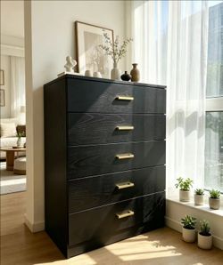 Modern 5-drawer cabinet, black, with gold handles,wood
