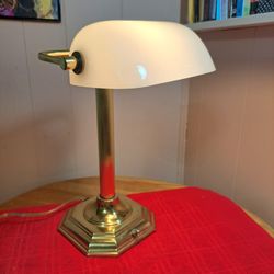 Vintage Brass Bankers Desk Lamp with Milk White Shade measures 16" 