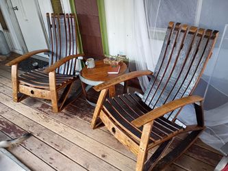 Beautiful and solid wine barrel rocking chairs and table