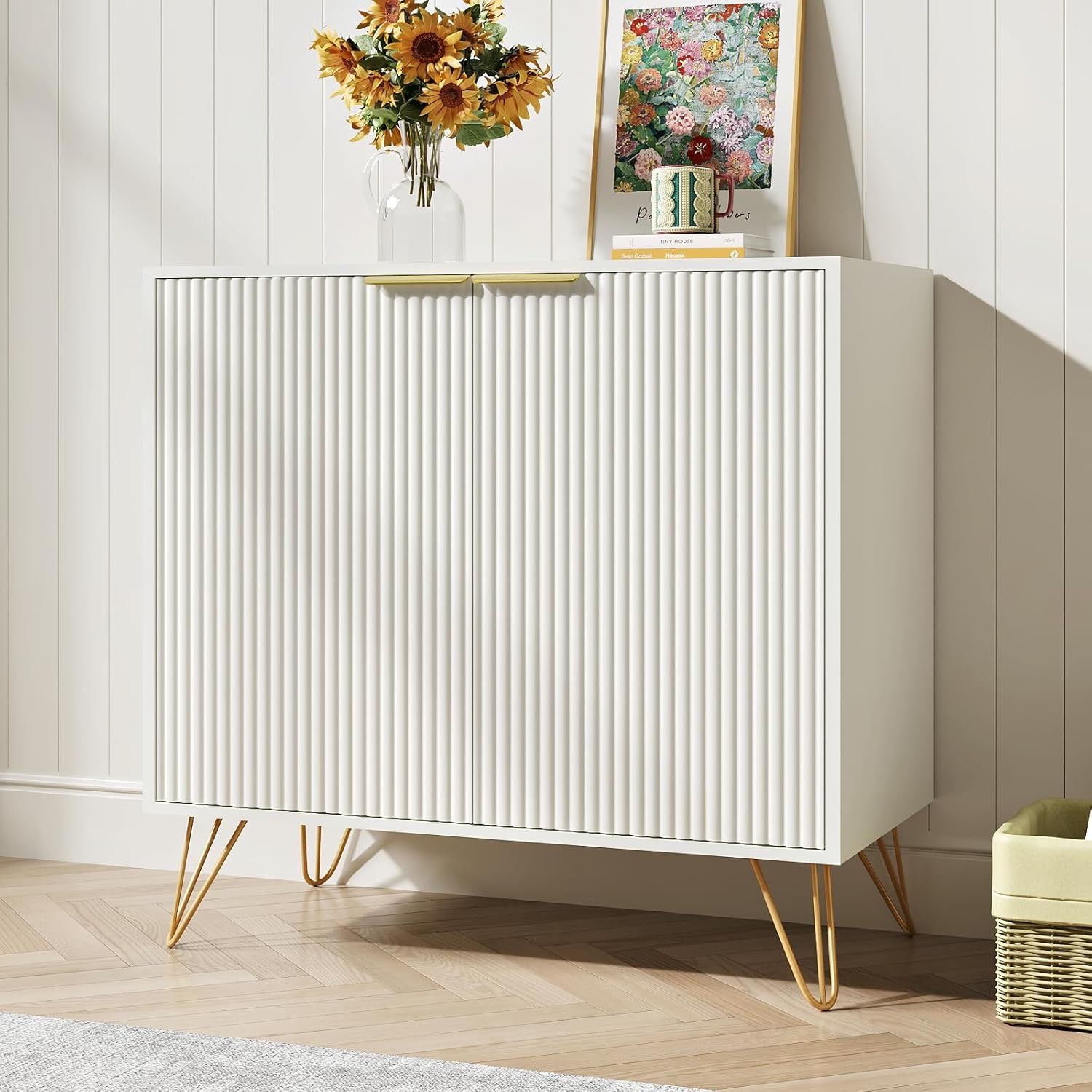 White Cabinet with 2 Doors, Fluted Sideboard Buffet Storage Cabinet with Metal Legs and Adjustable Shelf, Accent Cabinet for Kitchen, Entryway, Living