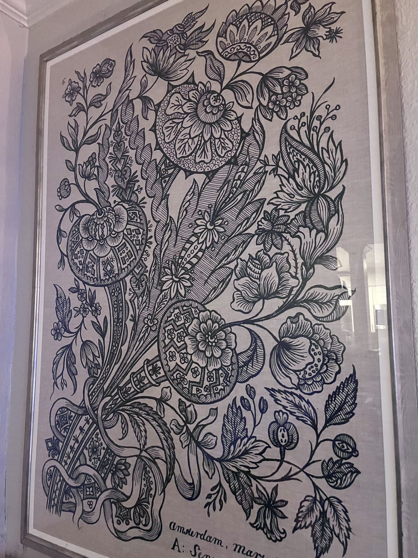 Abstract Botanical Alexander Senegal On Linen Framed Under Glass