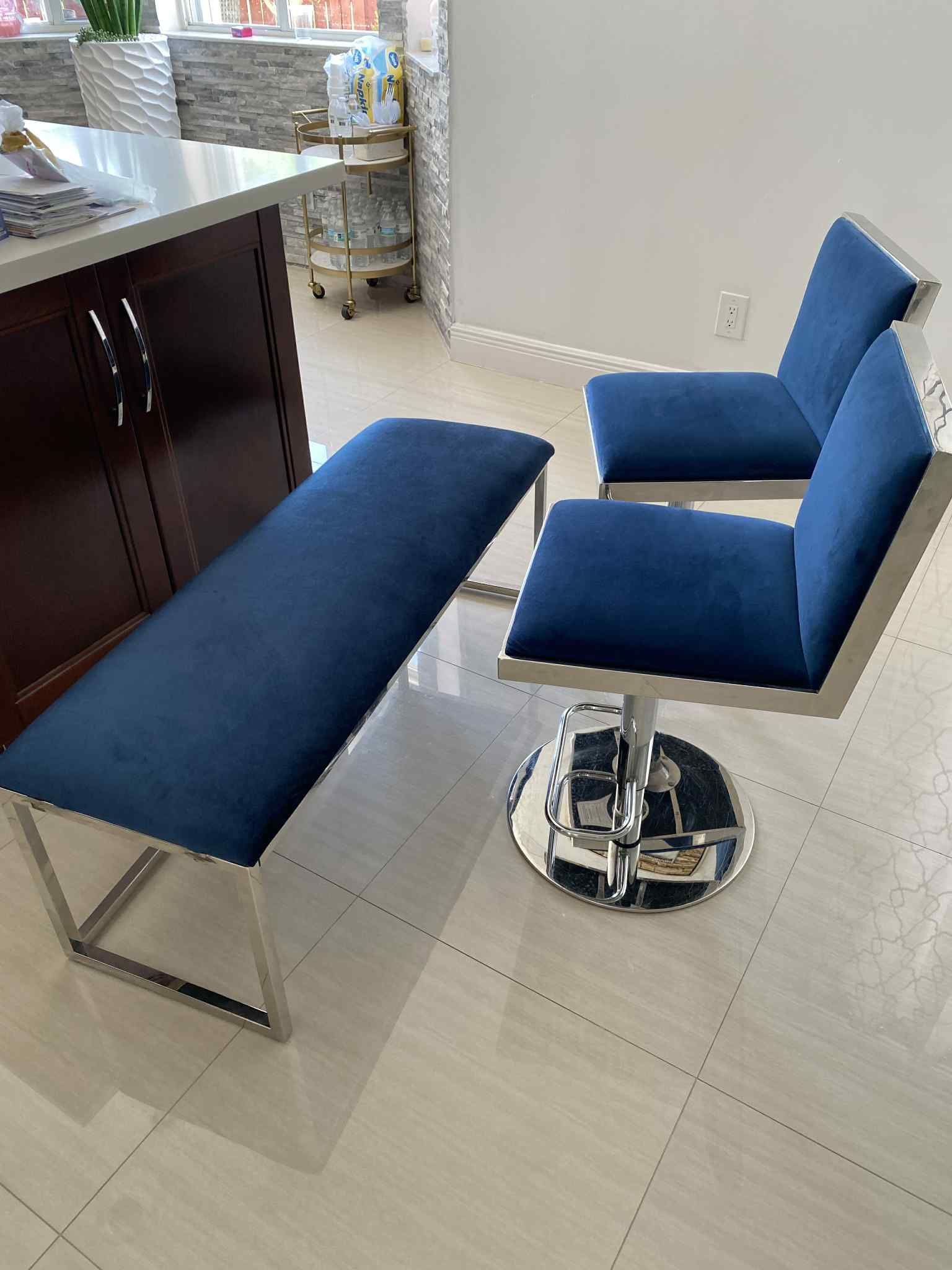 Modern Blue Velvet Dining Bench Bar Stools (Set)