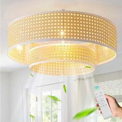 9385: New 20'' Boho Rattan Ceiling Fan with Light, Coastal Boho Ceiling Fans with Lights and Remote Control, Enclosed Caged Flush Mount Low Profile wi