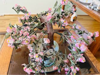 Chinese Jade Glass Cherry Blossom Bonsai Tree