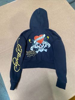 Ed Hardy Cropped Hoodie Women SZ S Black Full Zip Skull Love Kills Tattoo Y2K