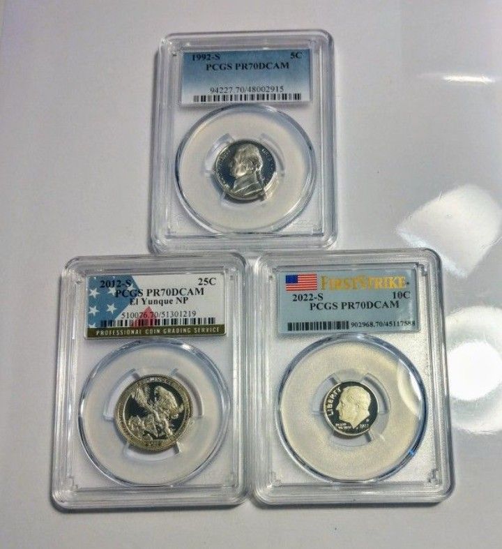 US, SET OF (3) CERTIFIED GRADE 70 QUARTER DOLLAR TEN AND FIVE CENTS VERY NICE COINS TO COLLECT
