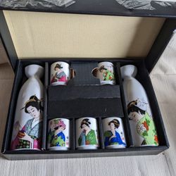 7 Piece Japanese Sake Set Geisha Kimono Utsuwa Porcelain In Box