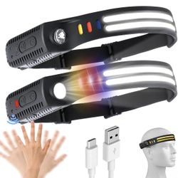 Headlamp Rechargeable 2PCS, 230° Wide Beam Head Lamp, Motion Sensor LED Headlight for Adults，9 Mode Head Light Flashlight for Hiking, Running, Repairi
