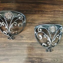 Wall Shelves, pair of wood topped iron scrolled bottom shelves