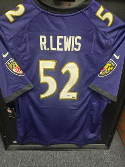 Ray Lewis Autographed Jersey with Ravens logo on casing PSA