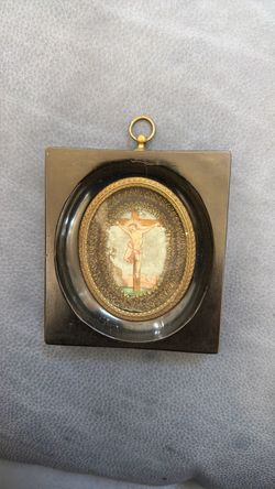 Antique Catholic oval mourners icon cross with intricate wire work
