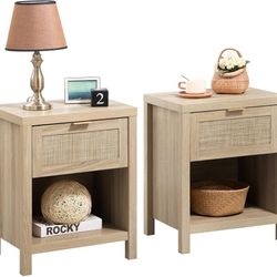 Rattan Nightstands Set of 2, Light Oak Bedside Table Night Stand End Side Table Farmhouse with Drawer and Storage Shelf 